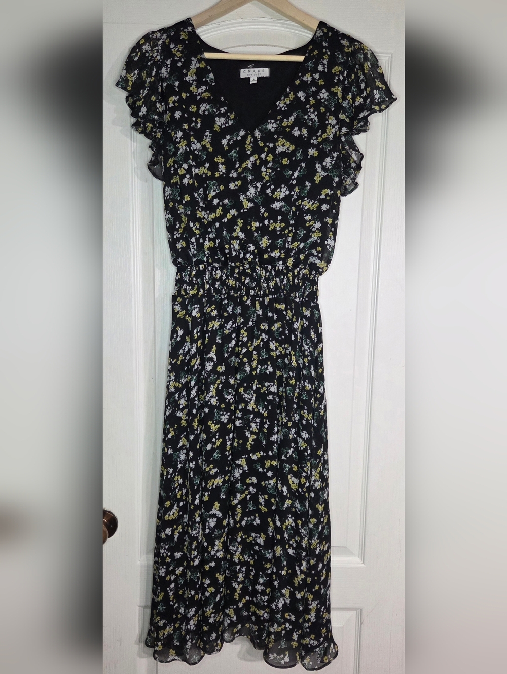 Black Floral Chiffon Midi Dress - Flutter Sleeves & Smocked Waist Size Large - Picture 2 of 8